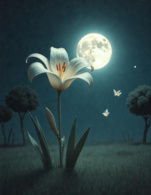 The primary subject of the image is a white flower, possibly a lily, standing in a grassy field at night. The setting is a dark, moonlit night, with the moon visible in the sky. The visual style is a painting, which creates a serene and peaceful atmosphere. The dominant colors are black, white, and shades of blue from the night sky and moon.